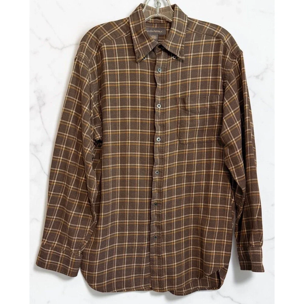 Vintage Banana Republic Flannel Shirt Men's Size Medium Brown/Gold Plaid